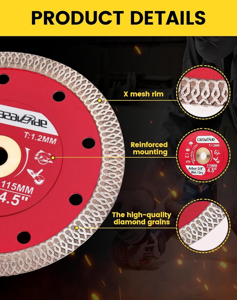 Casaverde 4.5" Super Thin Diamond Tile Blade with 3/8" Arbor,Cutting for Granite Marble Ceramic Porcelain Tiles - Image 4